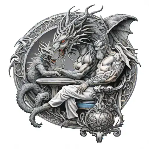 Create A Tattoo With Dragon And Phenoix Figting While Demon Holding His Throne For Back