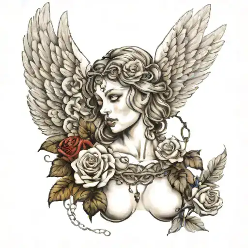 Angel Wings Woman With Tear Holding Roses And Wreath Entwined With Chain
