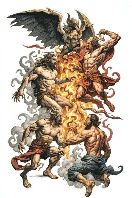 God And Satan Fighting In Hell Towards Heaven