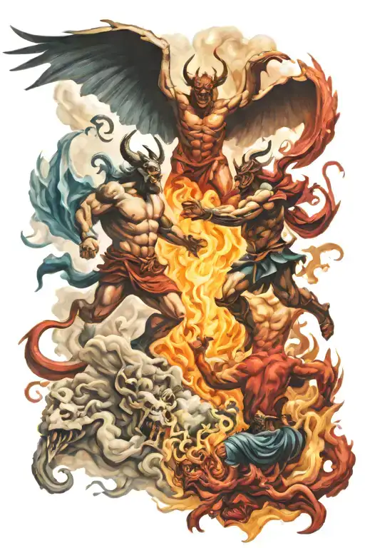 God And Satan Fighting In Hell Towards Heaven