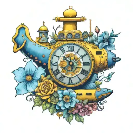 Yellow Submarine With Colorful Flowers And Clock