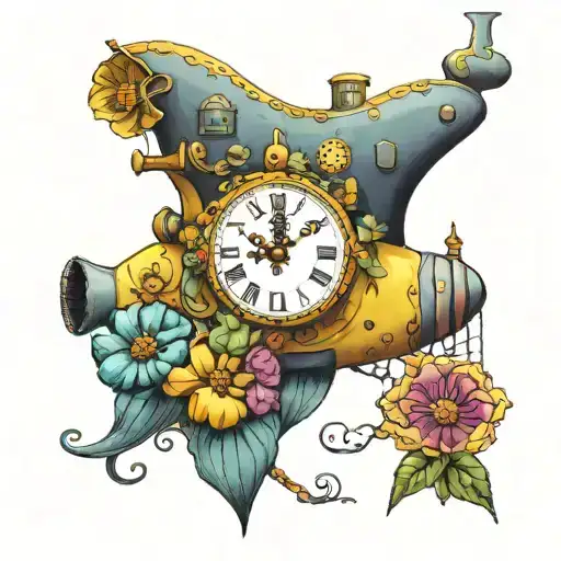 Yellow Submarine With Colorful Flowers And Clock