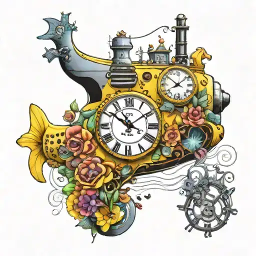 Yellow Submarine With Colorful Flowers And Clock