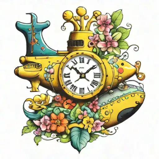 Yellow Submarine With Colorful Flowers And Clock