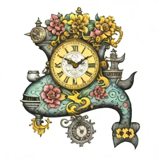 Yellow Submarine With Colorful Flowers And Clock