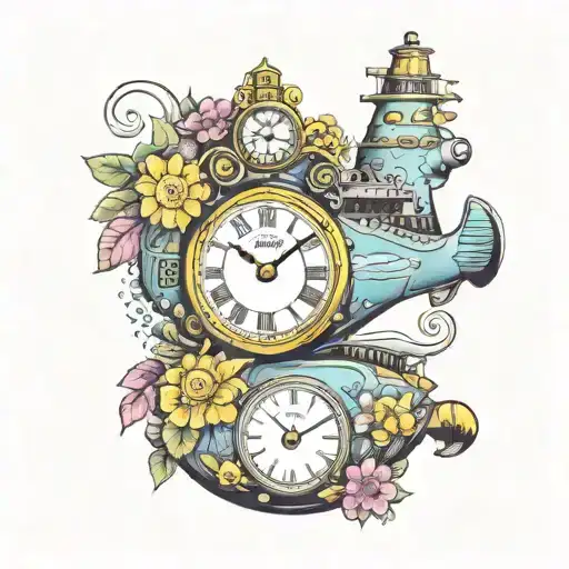 Yellow Submarine With Colorful Flowers And Clock