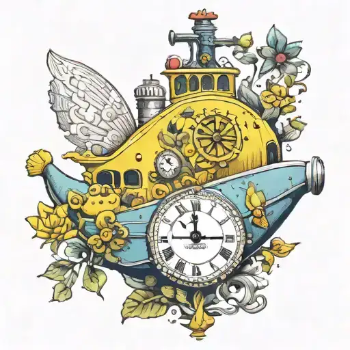 Yellow Submarine With Colorful Flowers And Clock
