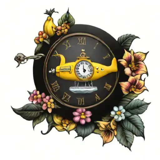 Yellow Submarine With Colorful Flowers And Clock