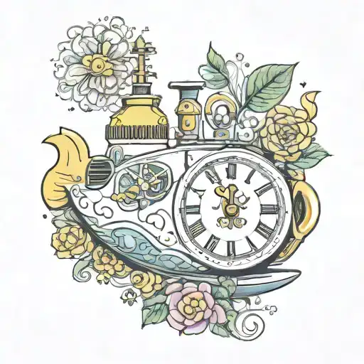 Yellow Submarine With Colorful Flowers And Clock