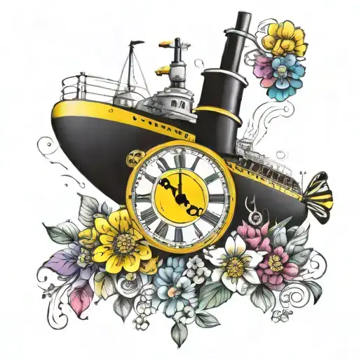 Yellow Submarine With Colorful Flowers And Clock