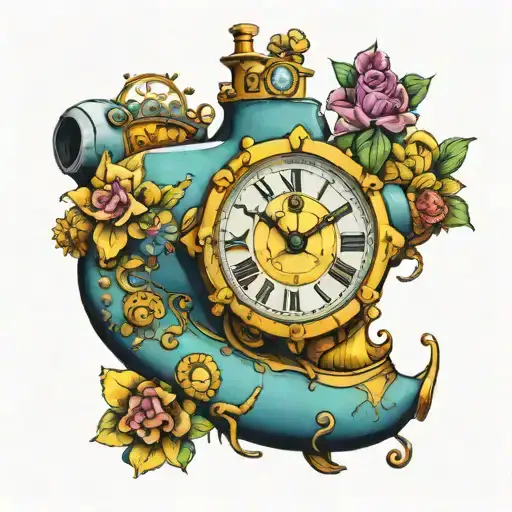 Yellow Submarine With Colorful Flowers And Clock