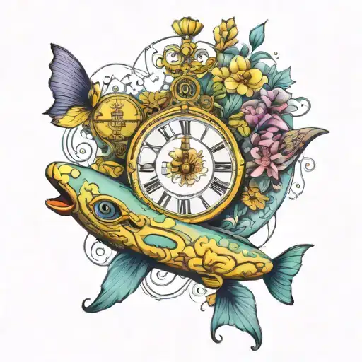 Yellow Submarine With Colorful Flowers And Clock