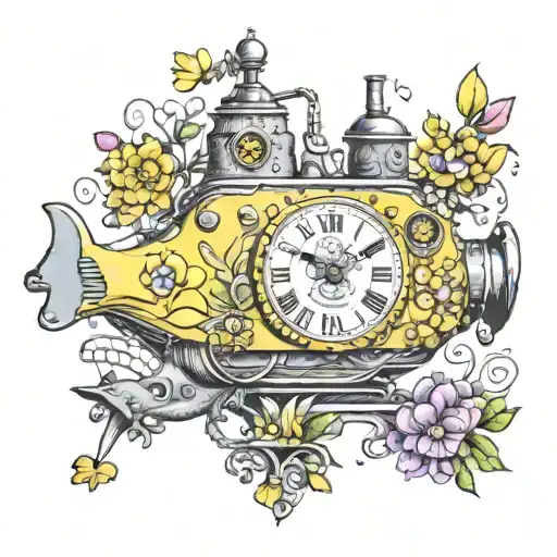 Yellow Submarine With Colorful Flowers And Clock