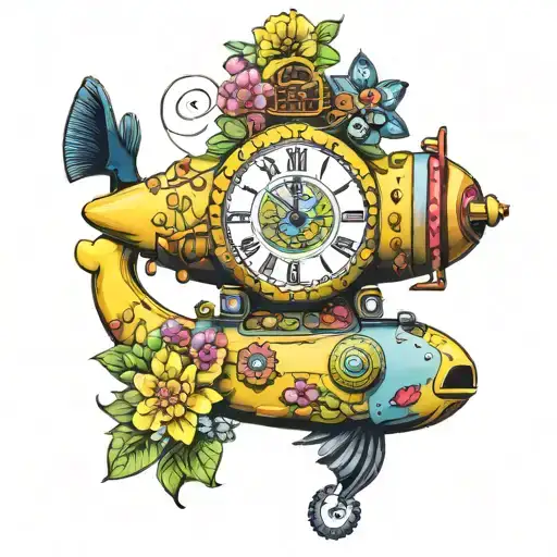 Yellow Submarine With Colorful Flowers And Clock