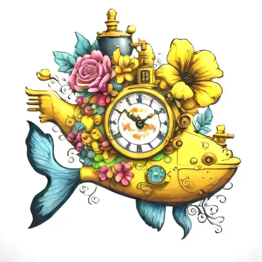 Yellow Submarine With Colorful Flowers And Clock