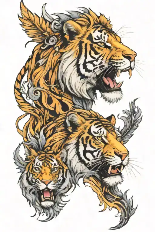 Half Lion Half Tiger Face Surrounded By Phoenix