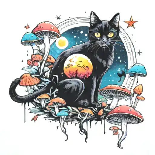 Black Cat And Colorful Mushrooms With Moon And Stars