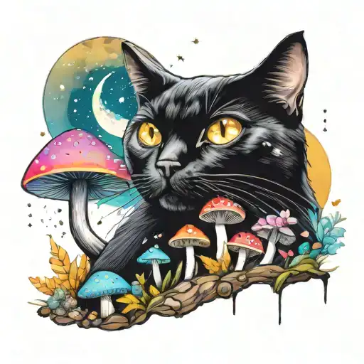 Black Cat And Colorful Mushrooms With Moon And Stars