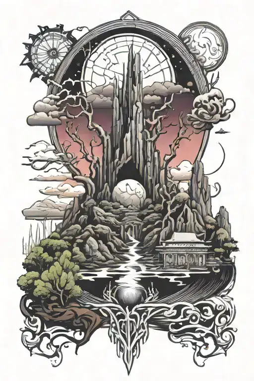 Design A Tattoo Featuring A Fusion Of Elden Ring Landscapes And Iconic Rocky Horror Scenes