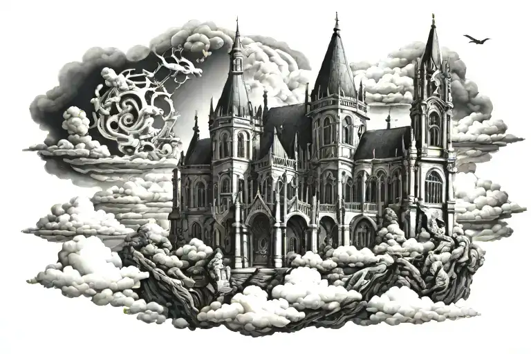 Dark Gothic Catherdral In A Hell Scape Sitting On The Clouds With A Starcase Leading To It
