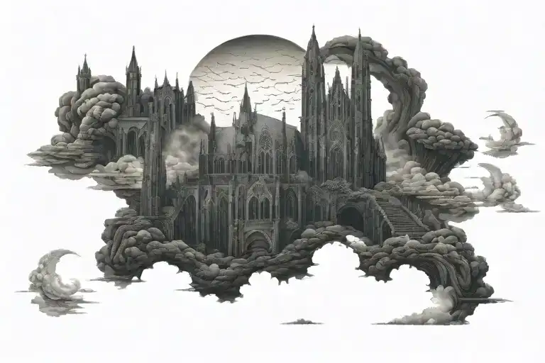 Dark Gothic Catherdral In A Hell Scape Sitting On The Clouds With A Starcase Leading To It
