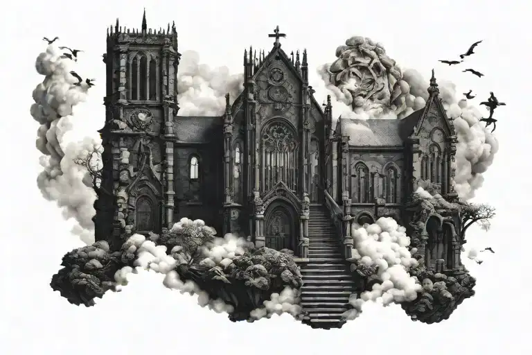 Dark Evil Gothic Church In A Hell Scape Sitting On The Clouds With A Starcase Leading To It