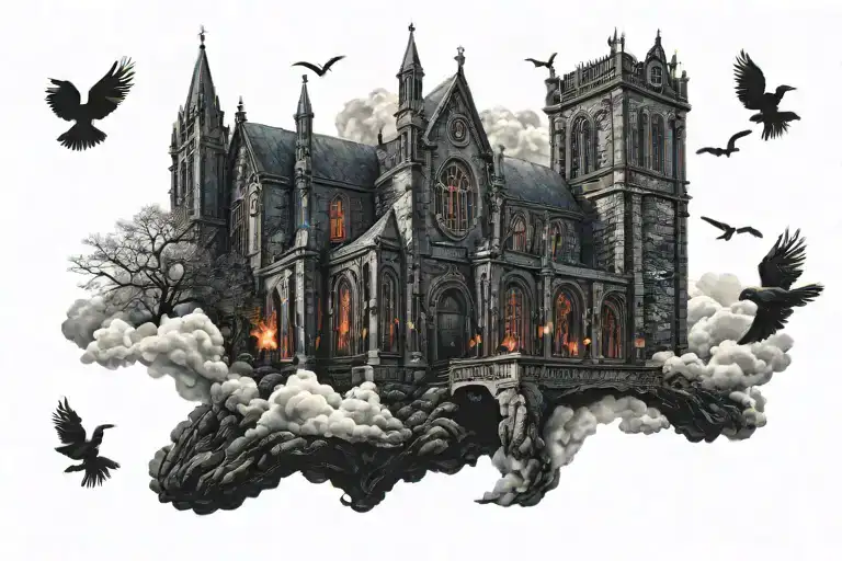 Dark Evil Gothic Church In A Hell Scape Sitting On The Clouds With A Starcase Leading To It