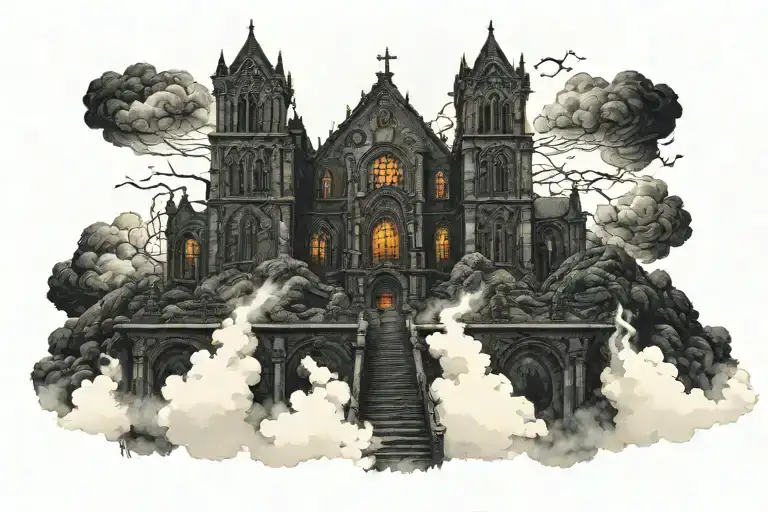 Dark Evil Gothic Church In A Hell Scape Sitting On The Clouds With A Starcase Leading To It
