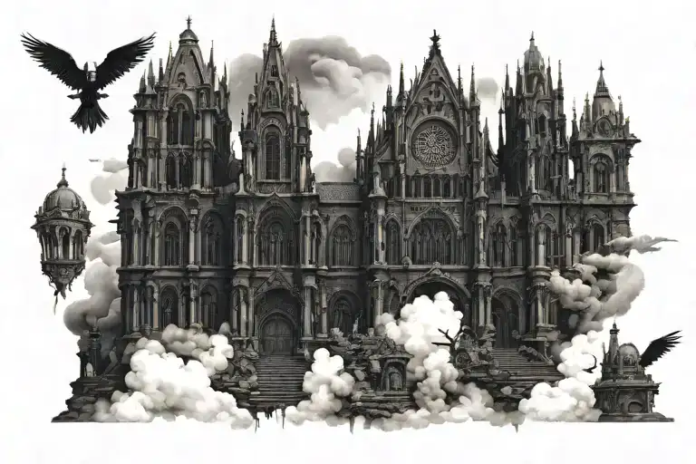 Dark Evil Gothic Cathedral In A Hell Scape Sitting On The Clouds With A Starcase Leading To It