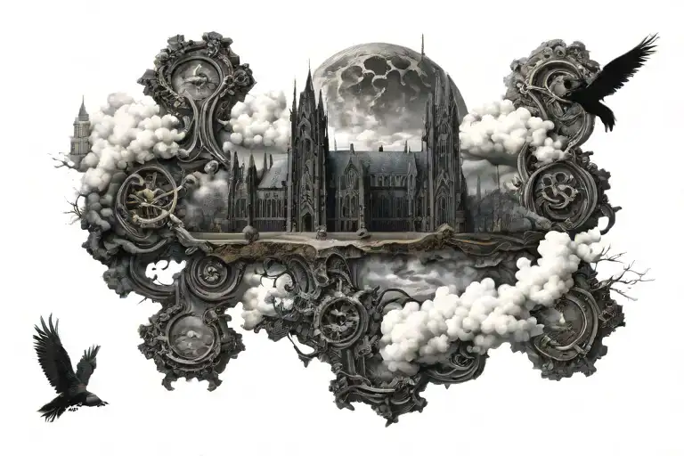Dark Evil Gothic Cathedral In A Hell Scape Sitting On The Clouds With A Starcase Leading To It