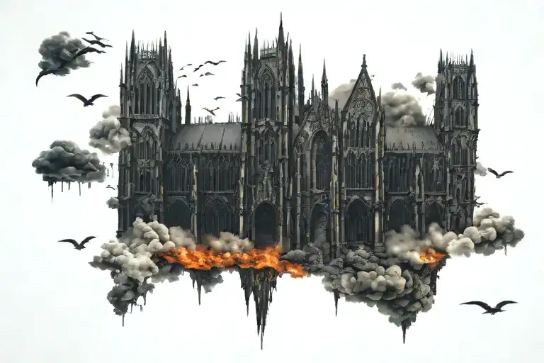 Dark Evil Gothic Cathedral In A Hell Scape Sitting On The Clouds With A Starcase Leading To It