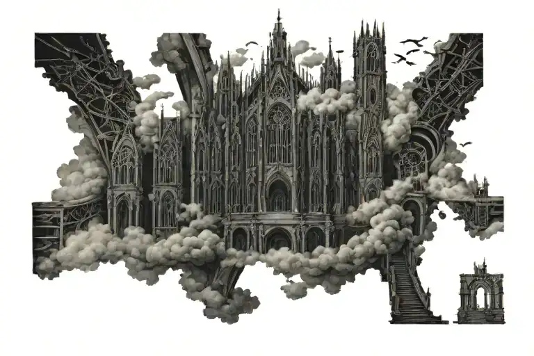 Dark Evil Gothic Cathedral In A Hell Scape Sitting On The Clouds With A Starcase Leading To It