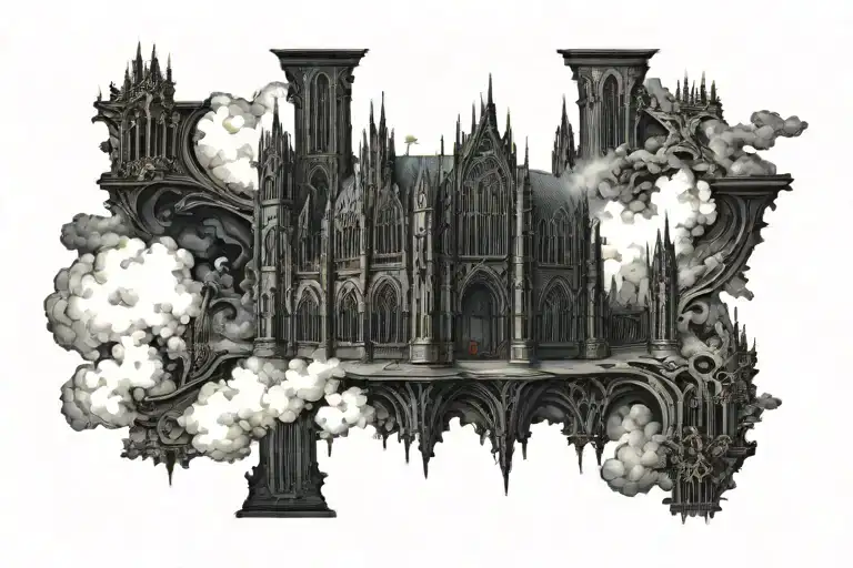 Dark Evil Gothic Cathedral In A Hell Scape Sitting On The Clouds With A Starcase Leading To It