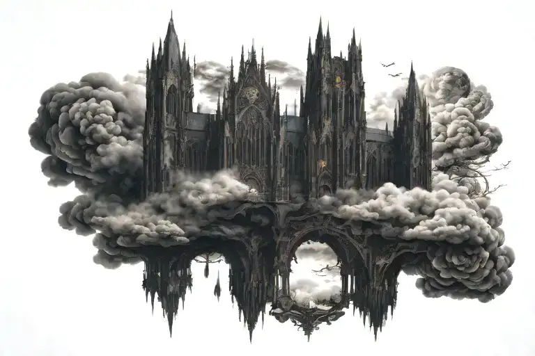 Dark Evil Gothic Cathedral In A Hell Scape Sitting On The Clouds With A Starcase Leading To It