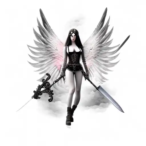Gothic Female Angel With Sword And Smoke Or Clouds In The Background