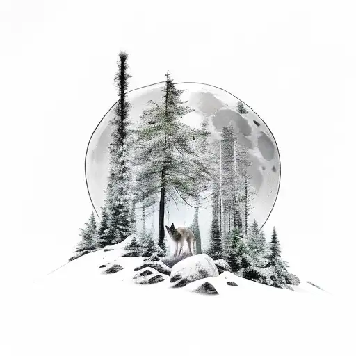 A Forest Scene With A Lonely Wolf And A Full Moon