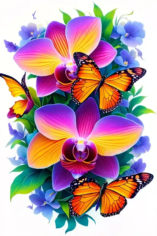 Colorful Orchid And Butterflies Flying Together