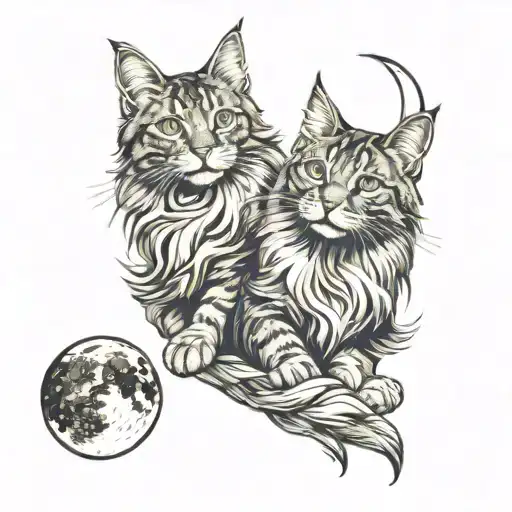 Two Maine Coon Cats With A Sun And Moon Theme
