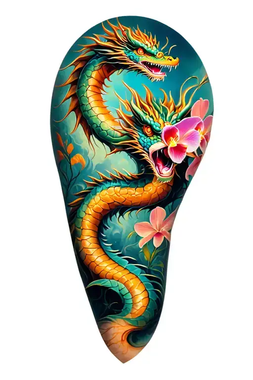 Full Leg Tattoo Dragon And Orchids