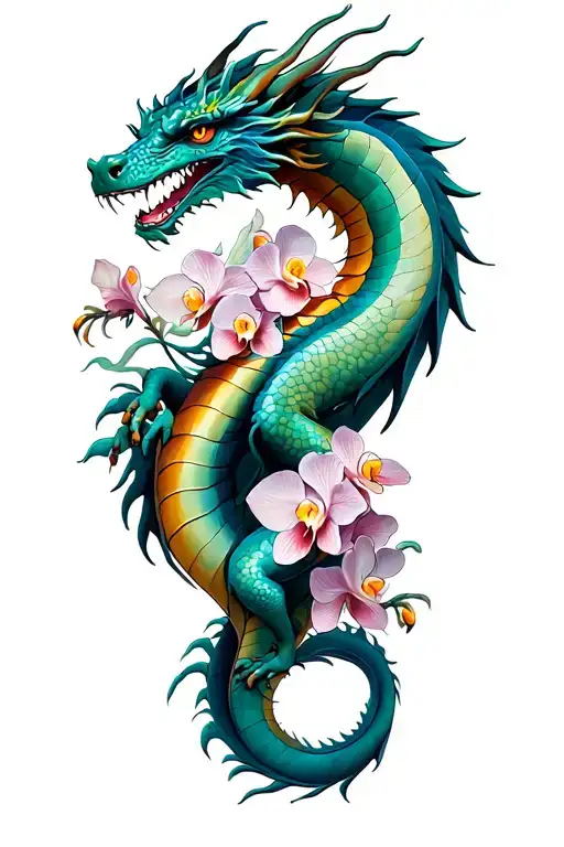 Full Leg Tattoo Dragon And Orchids