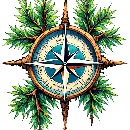 Lebanese Cedar Tree And Nautical Compass Tattoo Design