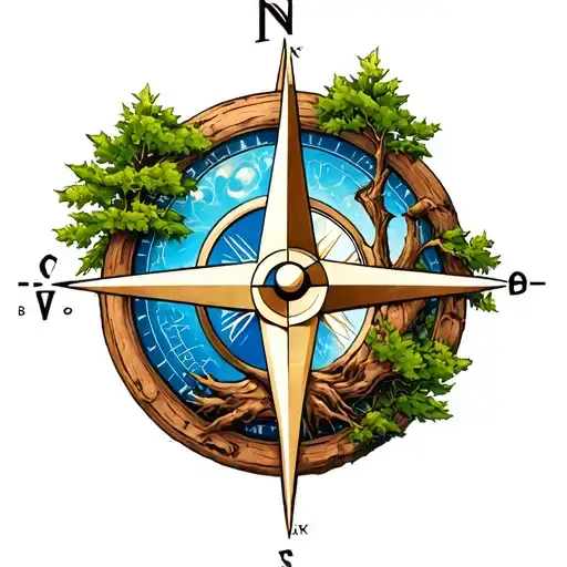 Lebanese Cedar Tree And Compass Tattoo Design
