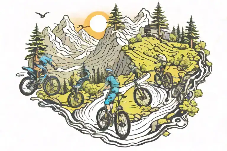 Mountain Bikes Going Up Winding Trail On A Mountain