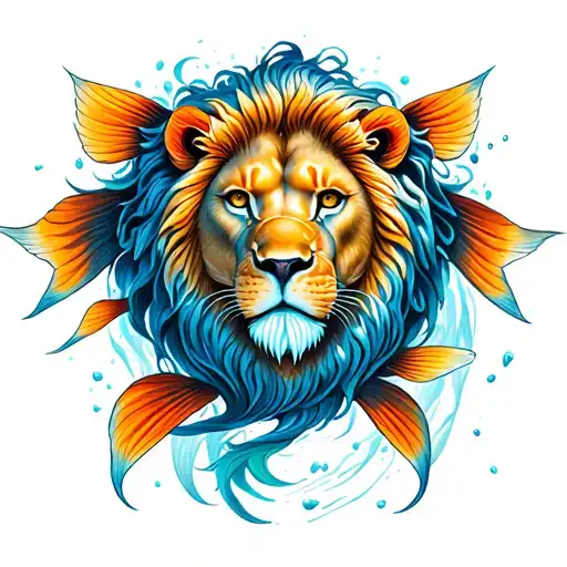 Leo And Pisces Fish Swimming In Both Directions With Lion Head On Fish