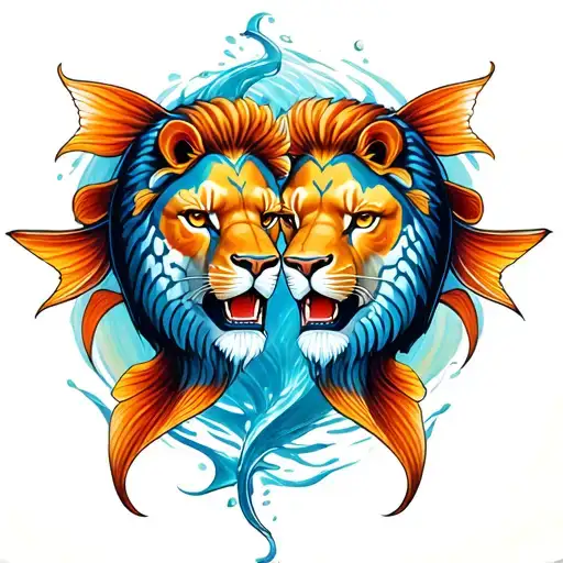 Leo And Pisces Fish Swimming In Both Directions With Lion Head On Both Fish