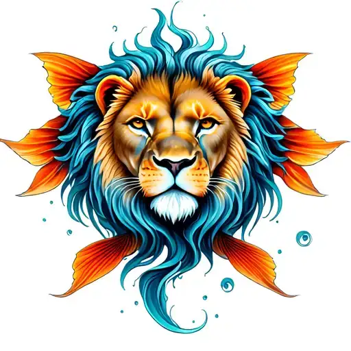 Leo And Pisces Fish Swimming In Different Directions With Lion Head On Both Fish
