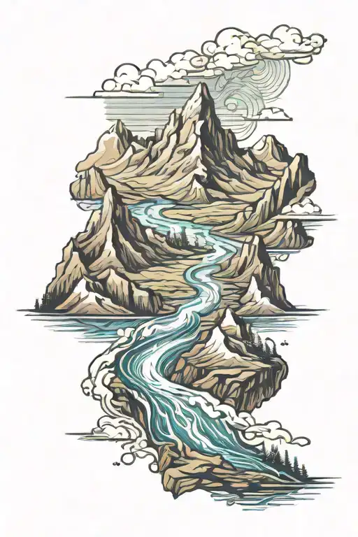 A Realistic Tattoo Of A Majestic Mountain Range With A Flowing River Winding Through It