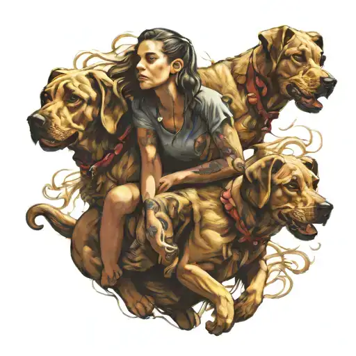 Three Headed Dog With 1 Body Being Ridden By A Young Girl