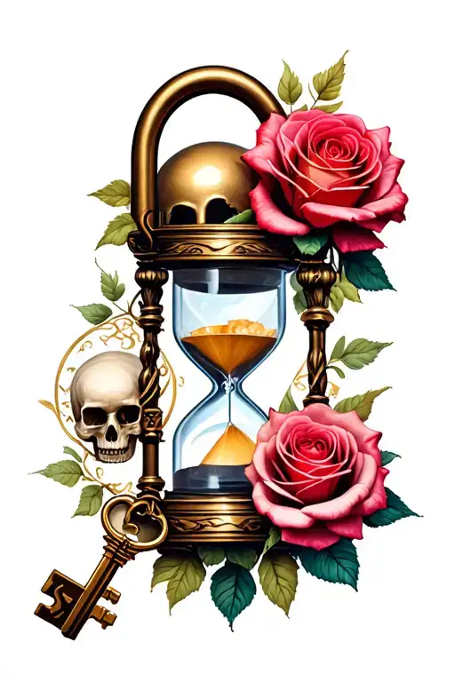 Lock And Key And Skull And Hourglass In Roses Blooming