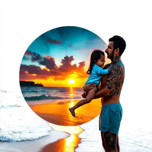 A Man Holding A Child On The Beach At Sunset